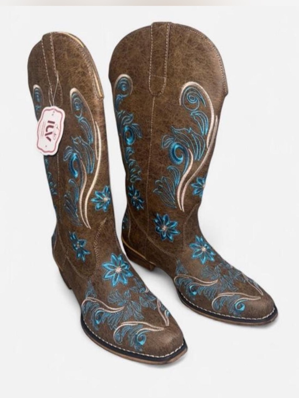 Brown Western Heeled Boots with Blue Floral Embroidery